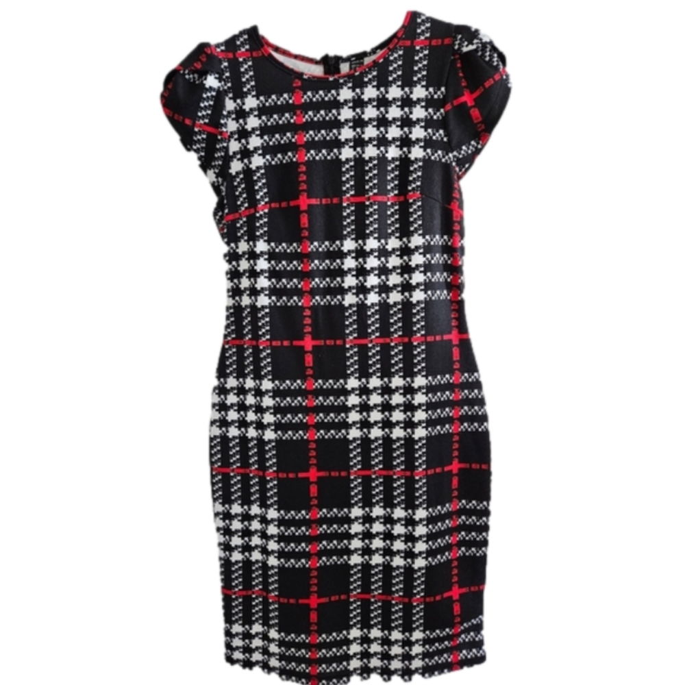 PLAID SHEATH DRESS SZ 6 BLACK, WHITE, RED - Picture 5 of 8